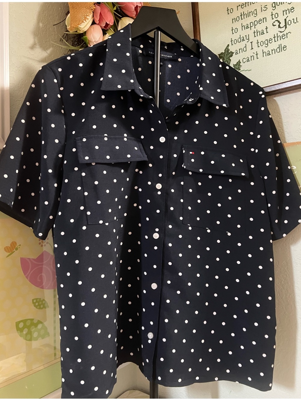 NWOT Tommy Hilfiger Navy Short-Sleeve Polka Dot Button-Down Shirt Med #232